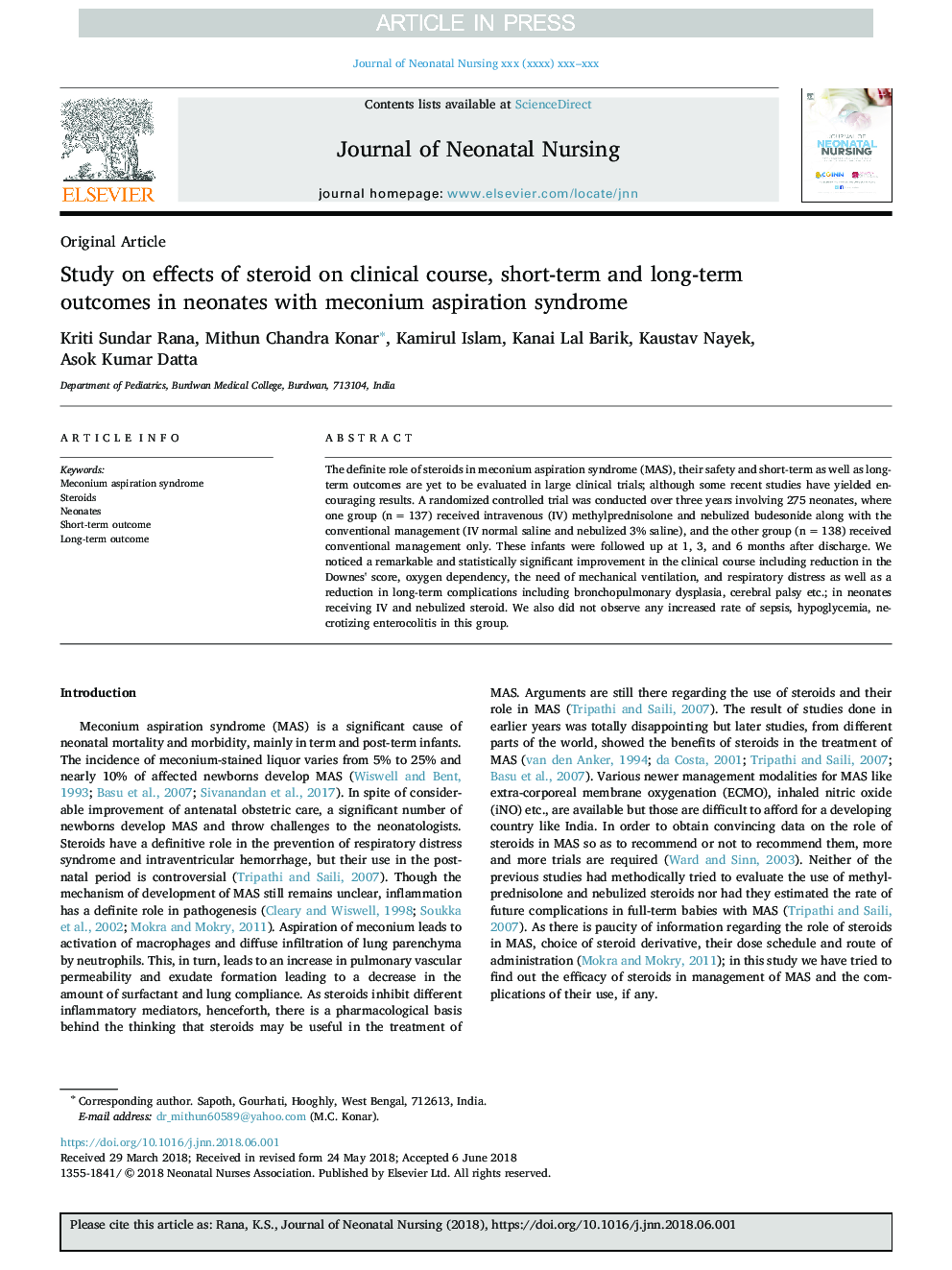 Study on effects of steroid on clinical course, short-term and long-term outcomes in neonates with meconium aspiration syndrome