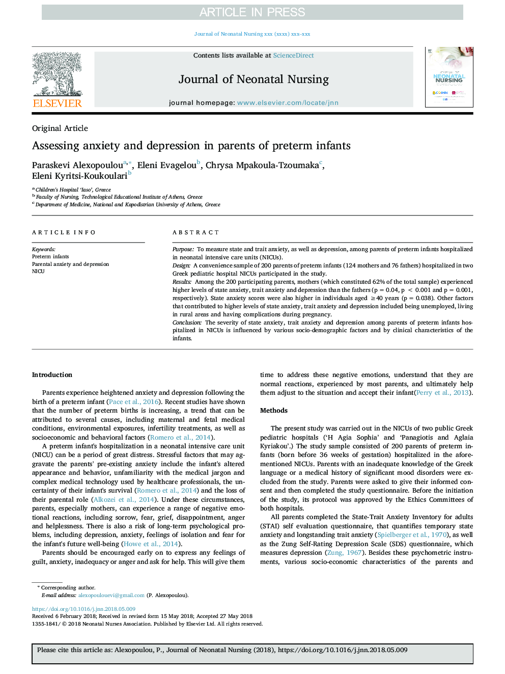 Assessing anxiety and depression in parents of preterm infants