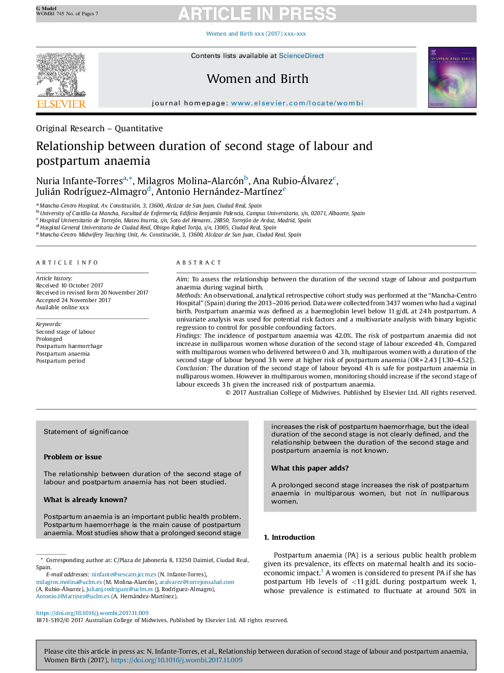 Relationship between duration of second stage of labour and postpartum anaemia