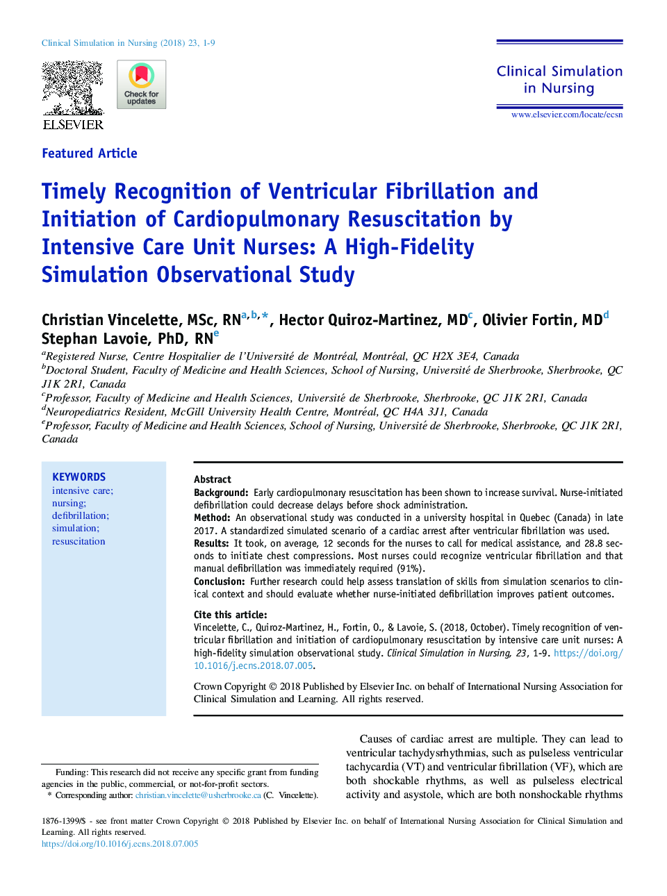 Timely Recognition of Ventricular Fibrillation and Initiation of Cardiopulmonary Resuscitation by Intensive Care Unit Nurses: A High-Fidelity Simulation Observational Study
