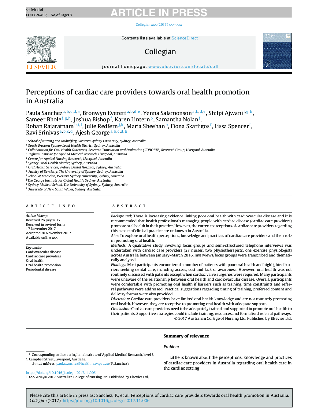 Perceptions of cardiac care providers towards oral health promotion in Australia