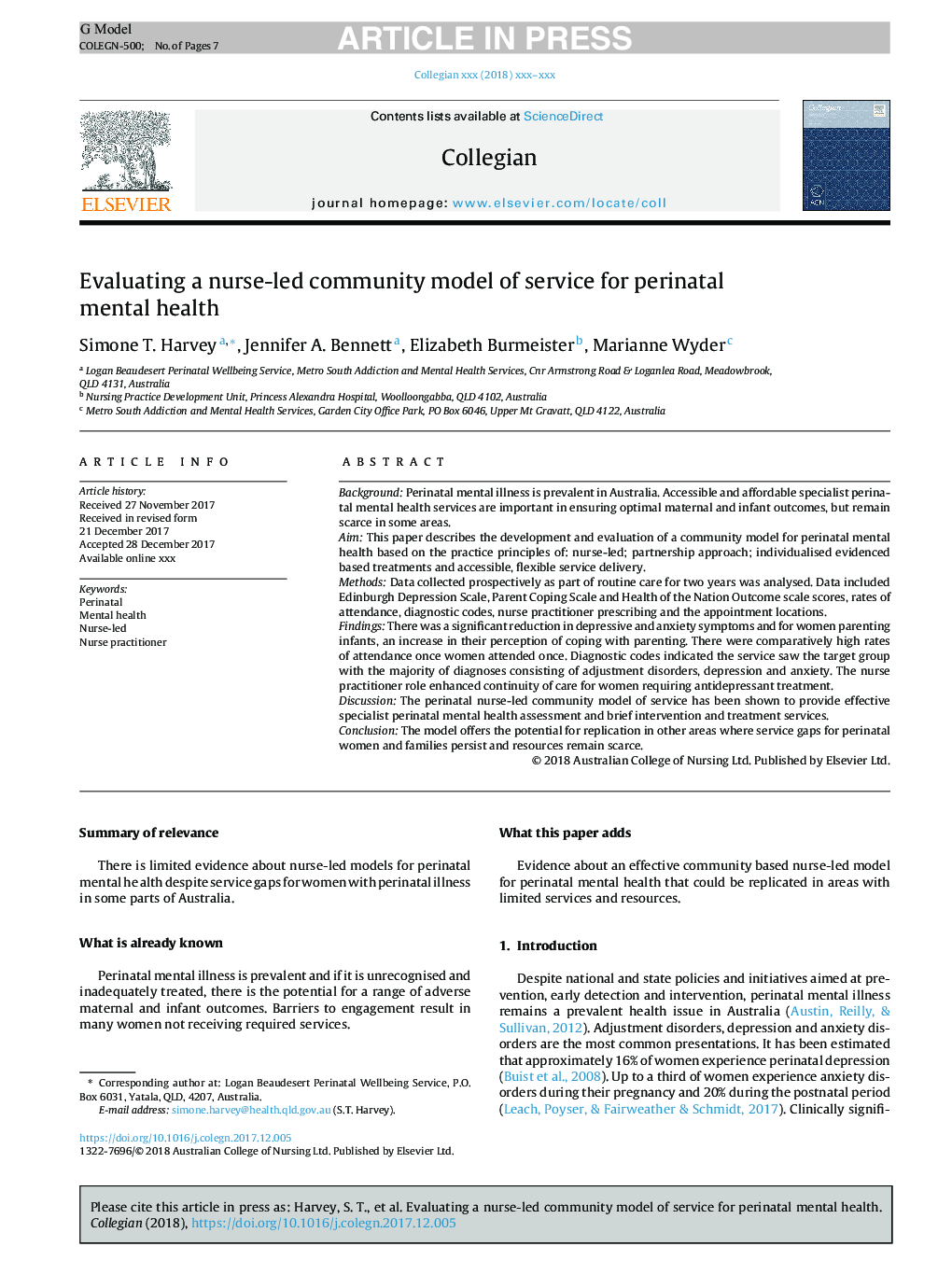 Evaluating a nurse-led community model of service for perinatal mental health