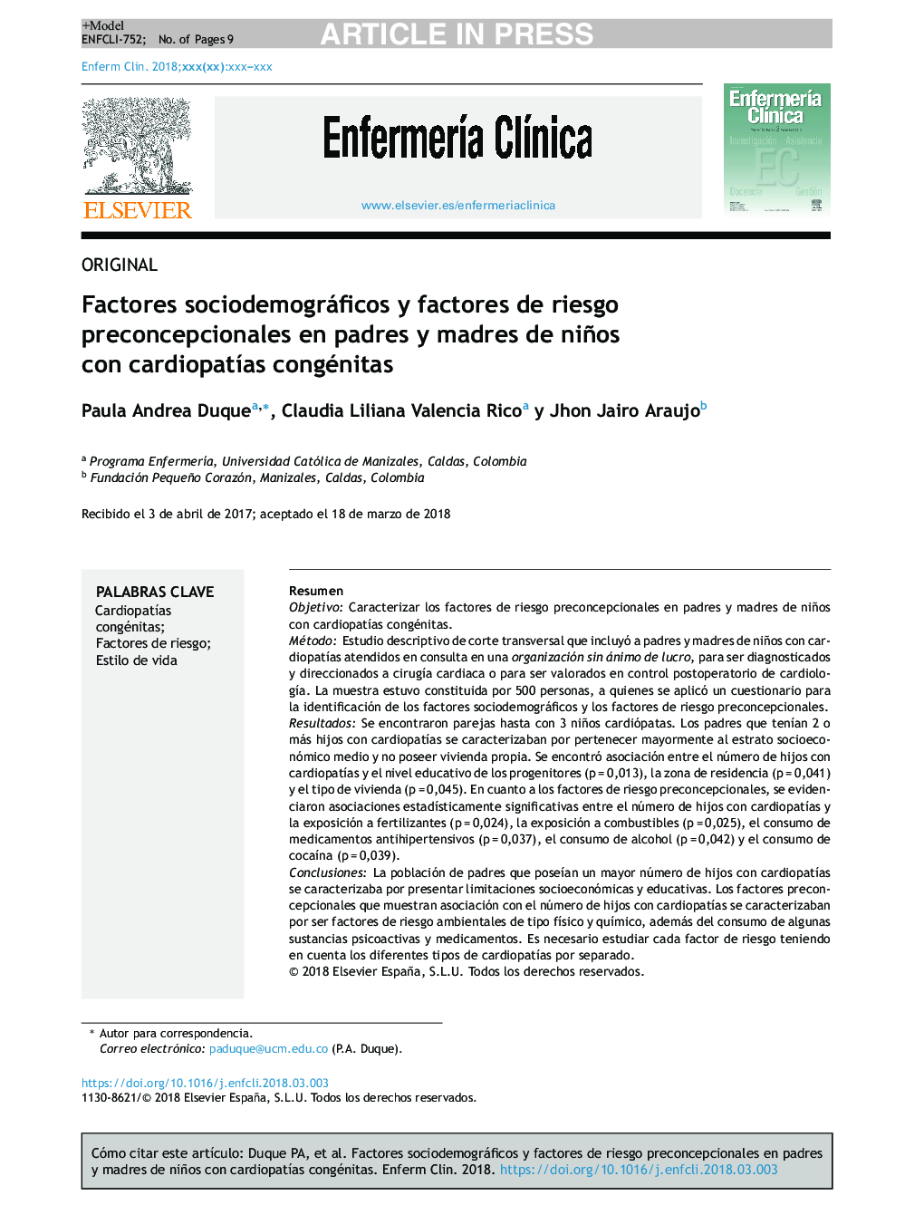 Factores sociodemográficos y factores de riesgo preconcepcionales en padres y madres de niños con cardiopatÃ­as congénitas