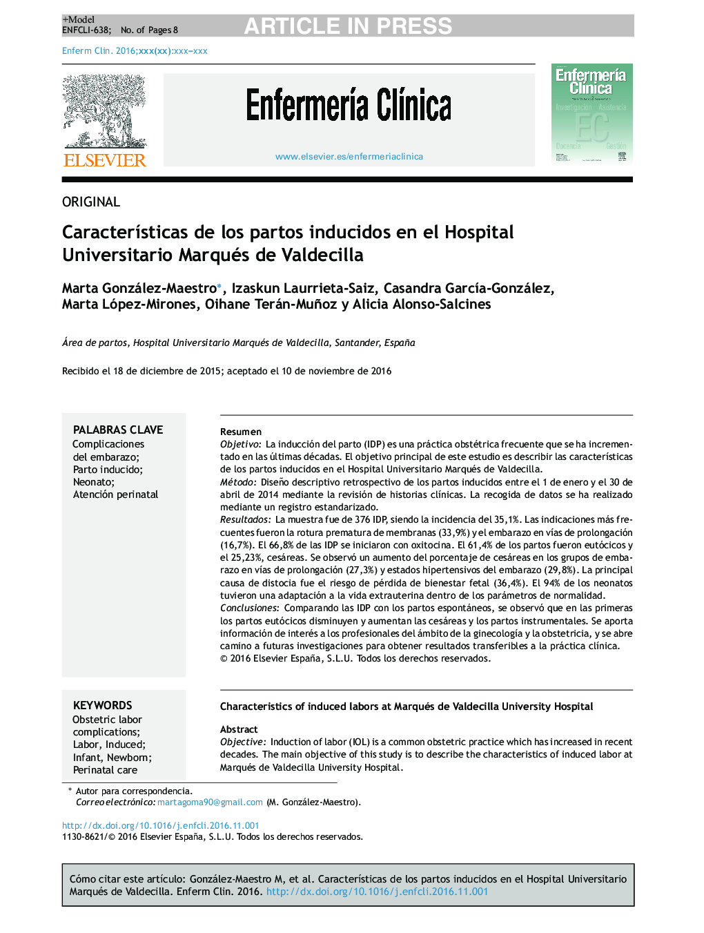 CaracterÃ­sticas de los partos inducidos en el Hospital Universitario Marqués de Valdecilla