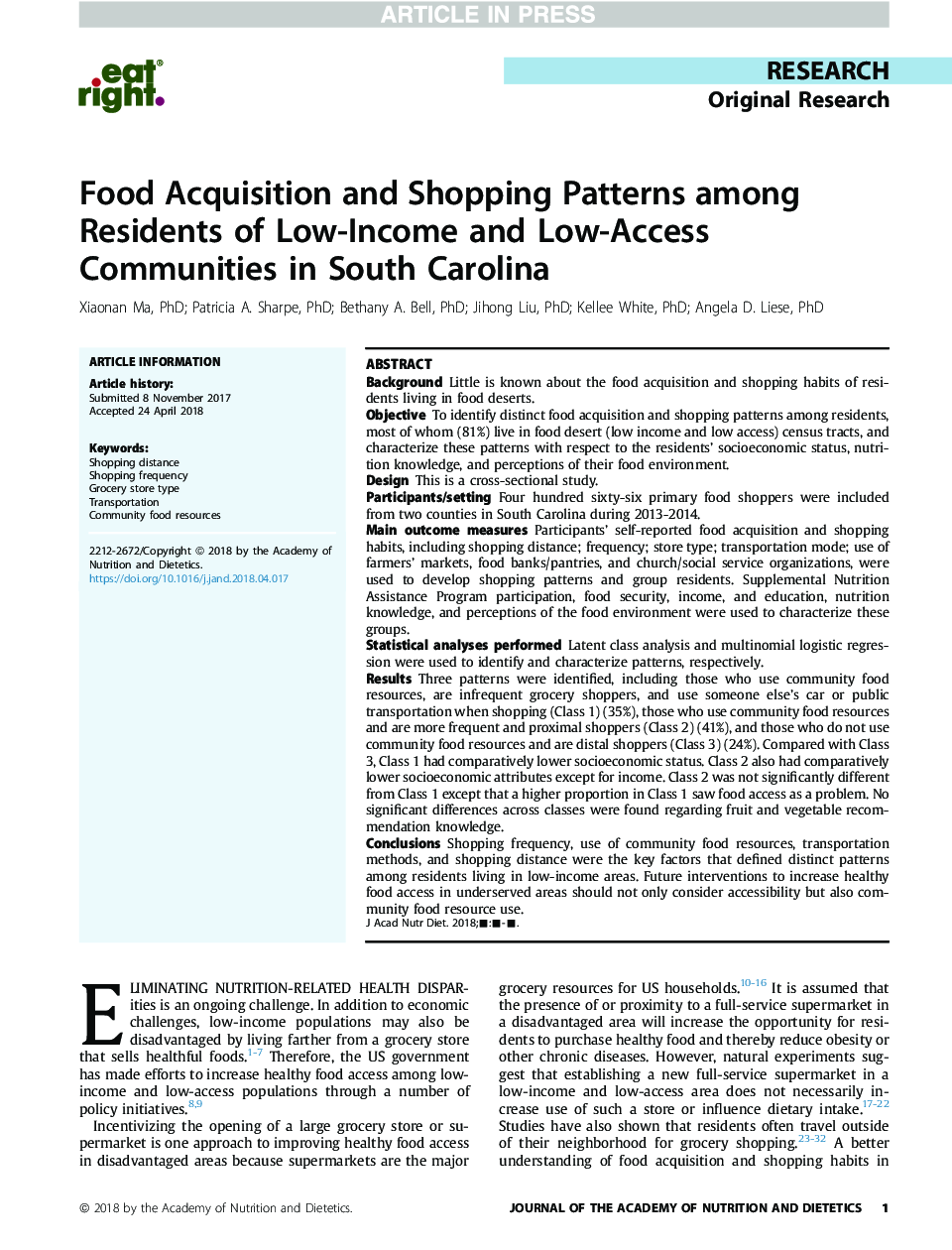 Food Acquisition and Shopping Patterns among Residents of Low-Income and Low-Access Communities in South Carolina