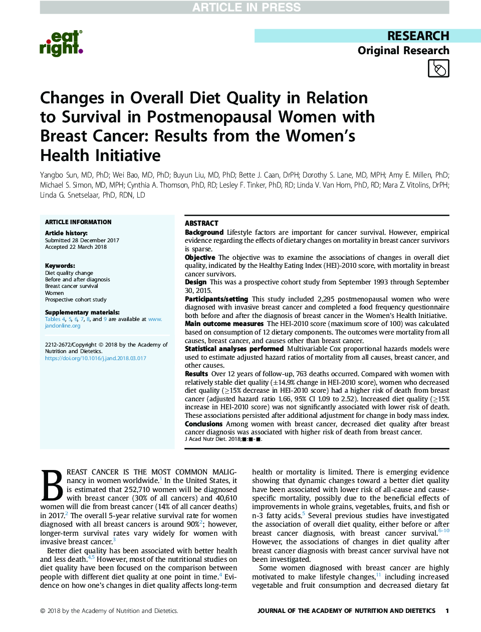 Changes in Overall Diet Quality in Relation toÂ Survival in Postmenopausal Women with BreastÂ Cancer: Results from the Women's HealthÂ Initiative