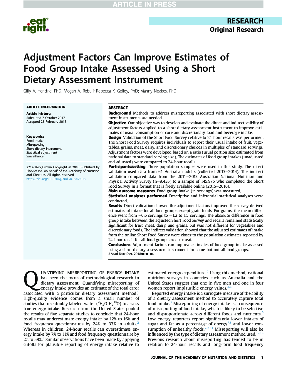 Adjustment Factors Can Improve Estimates of Food Group Intake Assessed Using a Short Dietary Assessment Instrument