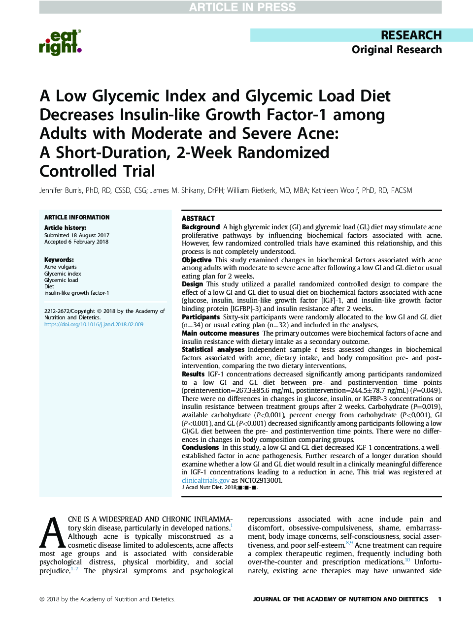 A Low Glycemic Index and Glycemic Load Diet Decreases Insulin-like Growth Factor-1 among Adults with Moderate and Severe Acne: AÂ Short-Duration, 2-Week Randomized Controlled Trial