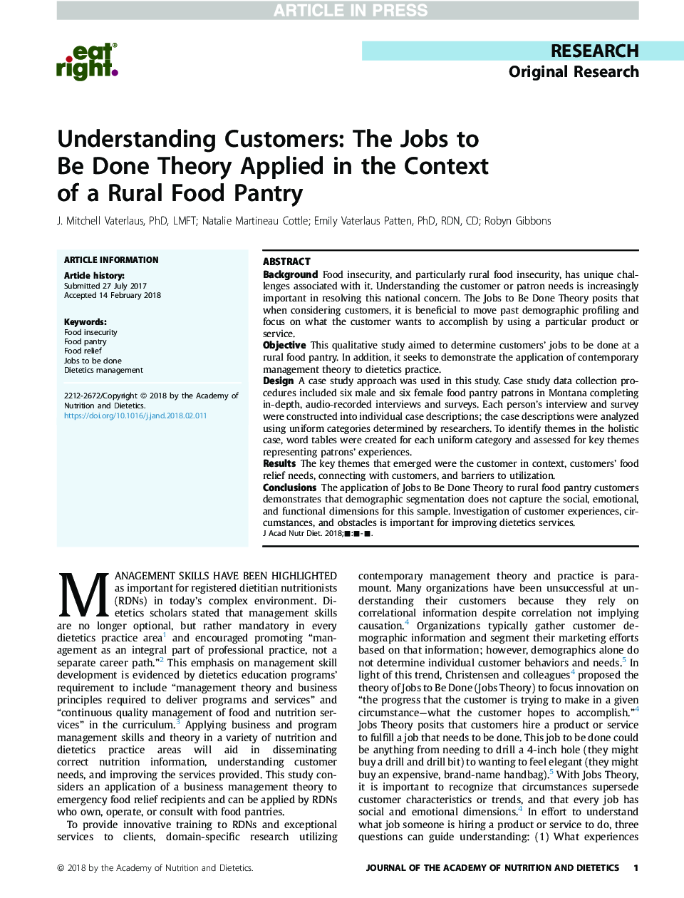 Understanding Customers: The Jobs to Be Done Theory Applied in the Context of a Rural Food Pantry