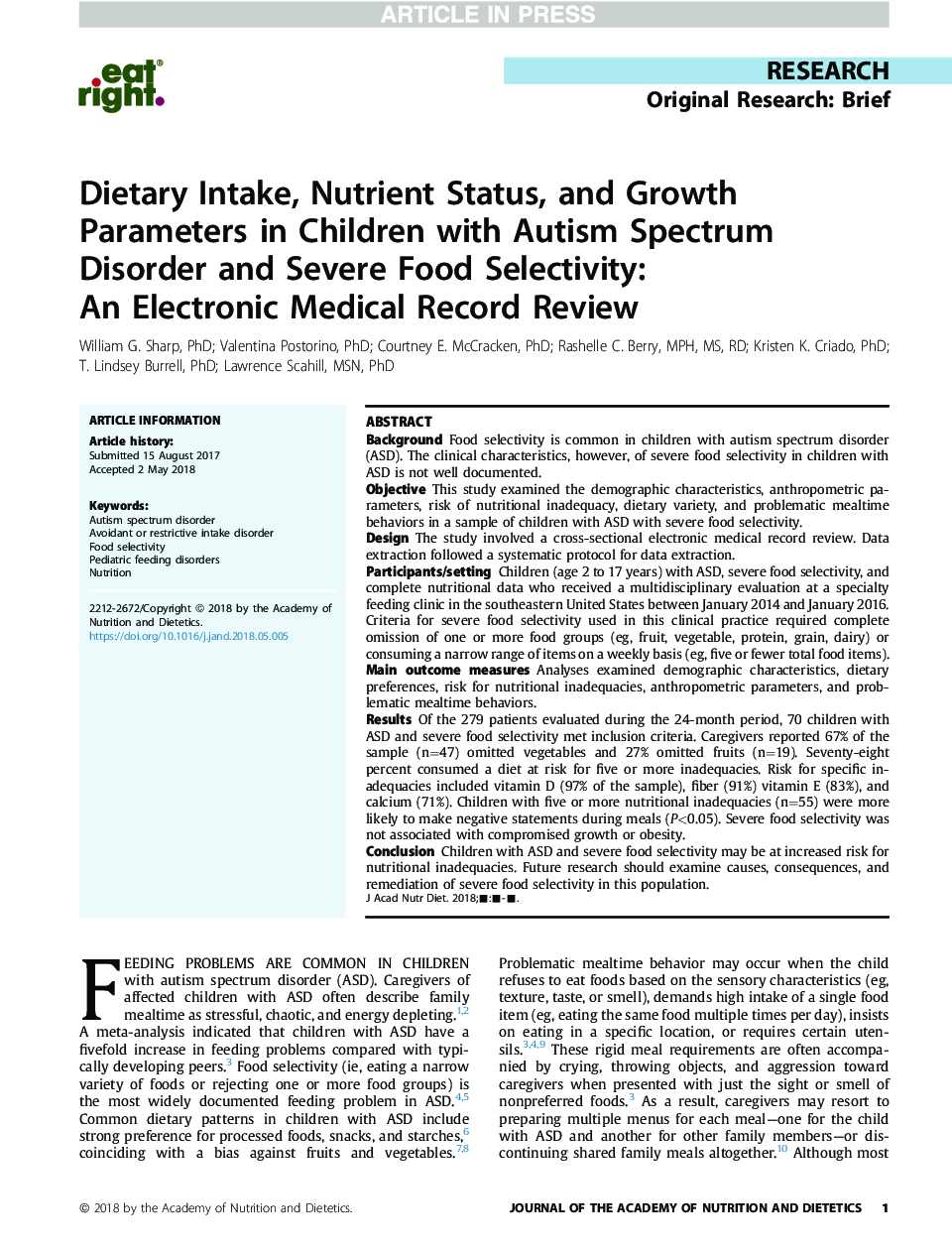 Dietary Intake, Nutrient Status, and Growth Parameters in Children with Autism Spectrum Disorder and Severe Food Selectivity: AnÂ Electronic Medical Record Review