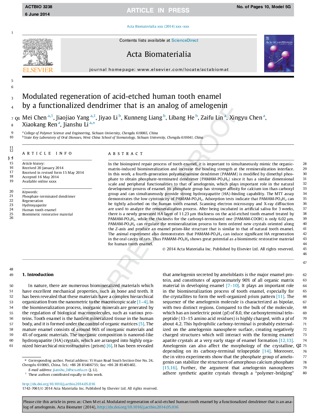 Modulated regeneration of acid-etched human tooth enamel by a functionalized dendrimer that is an analog of amelogenin