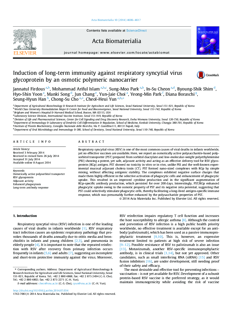 Induction of long-term immunity against respiratory syncytial virus glycoprotein by an osmotic polymeric nanocarrier