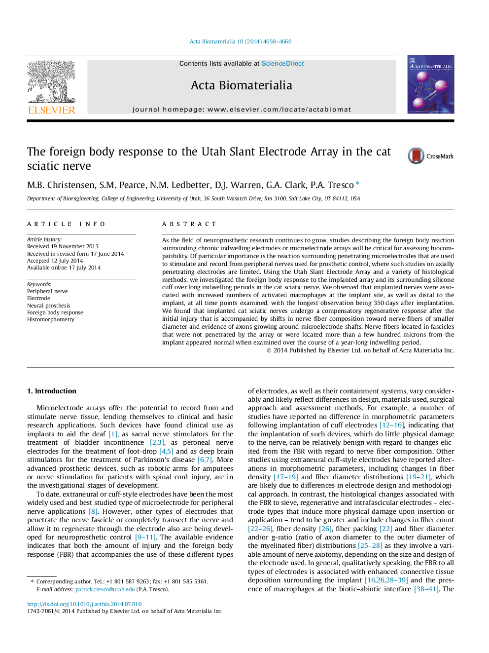 The foreign body response to the Utah Slant Electrode Array in the cat sciatic nerve