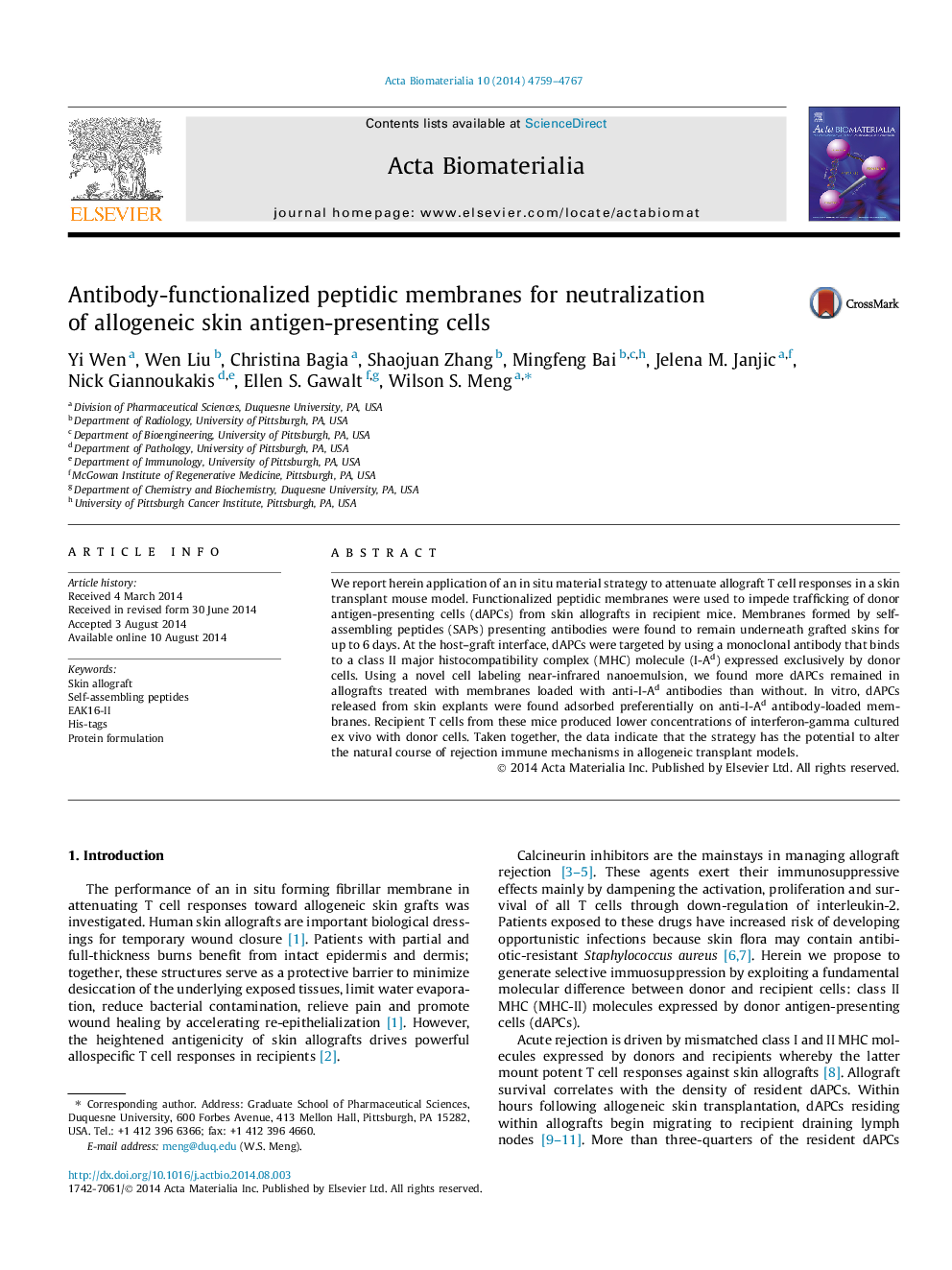 Antibody-functionalized peptidic membranes for neutralization of allogeneic skin antigen-presenting cells