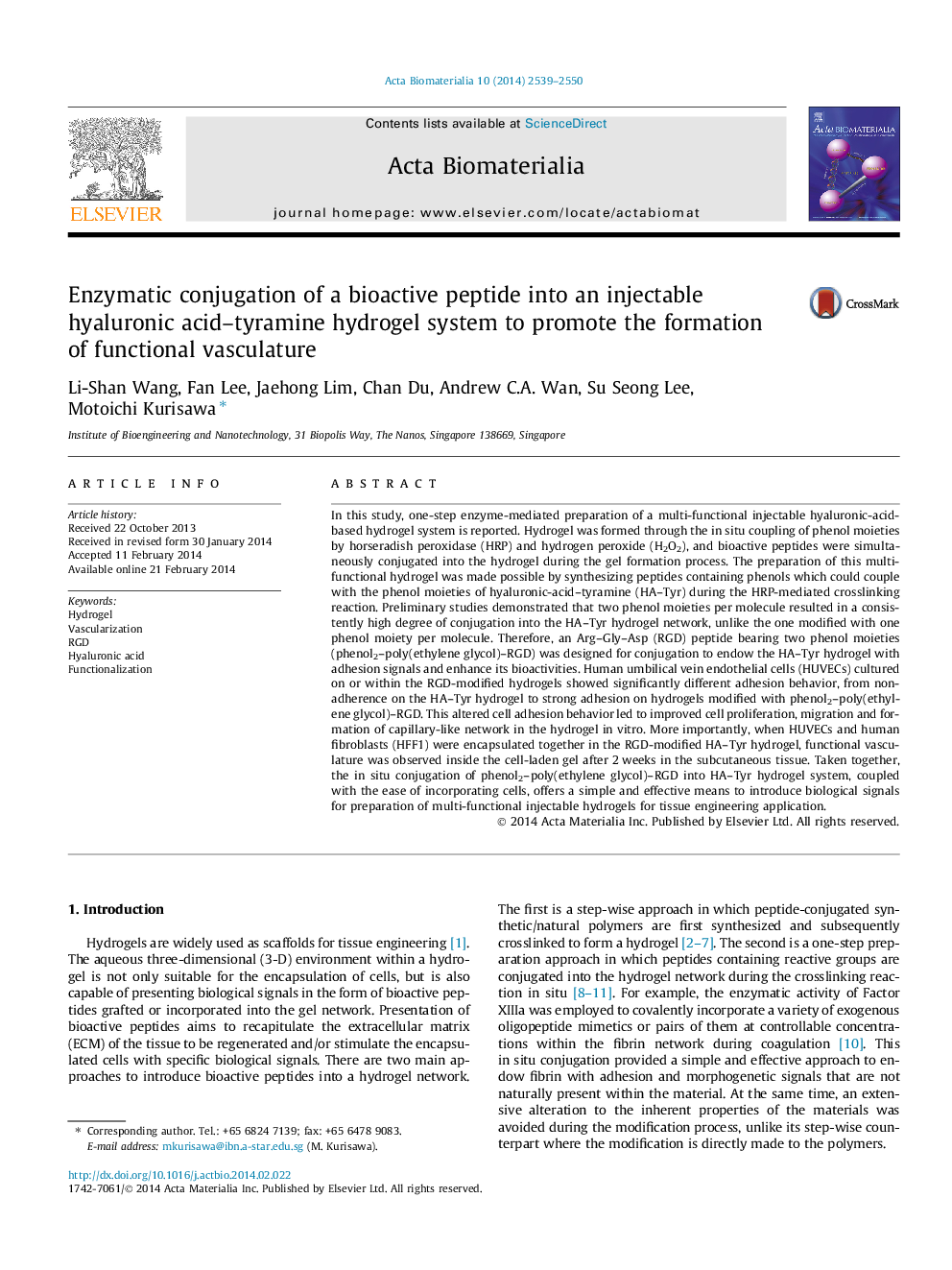 Enzymatic conjugation of a bioactive peptide into an injectable hyaluronic acid-tyramine hydrogel system to promote the formation of functional vasculature