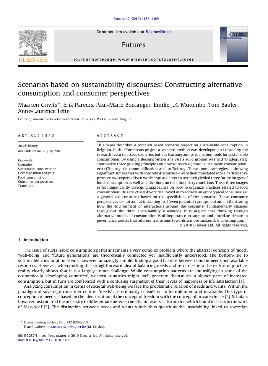 Scenarios based on sustainability discourses: Constructing alternative consumption and consumer perspectives