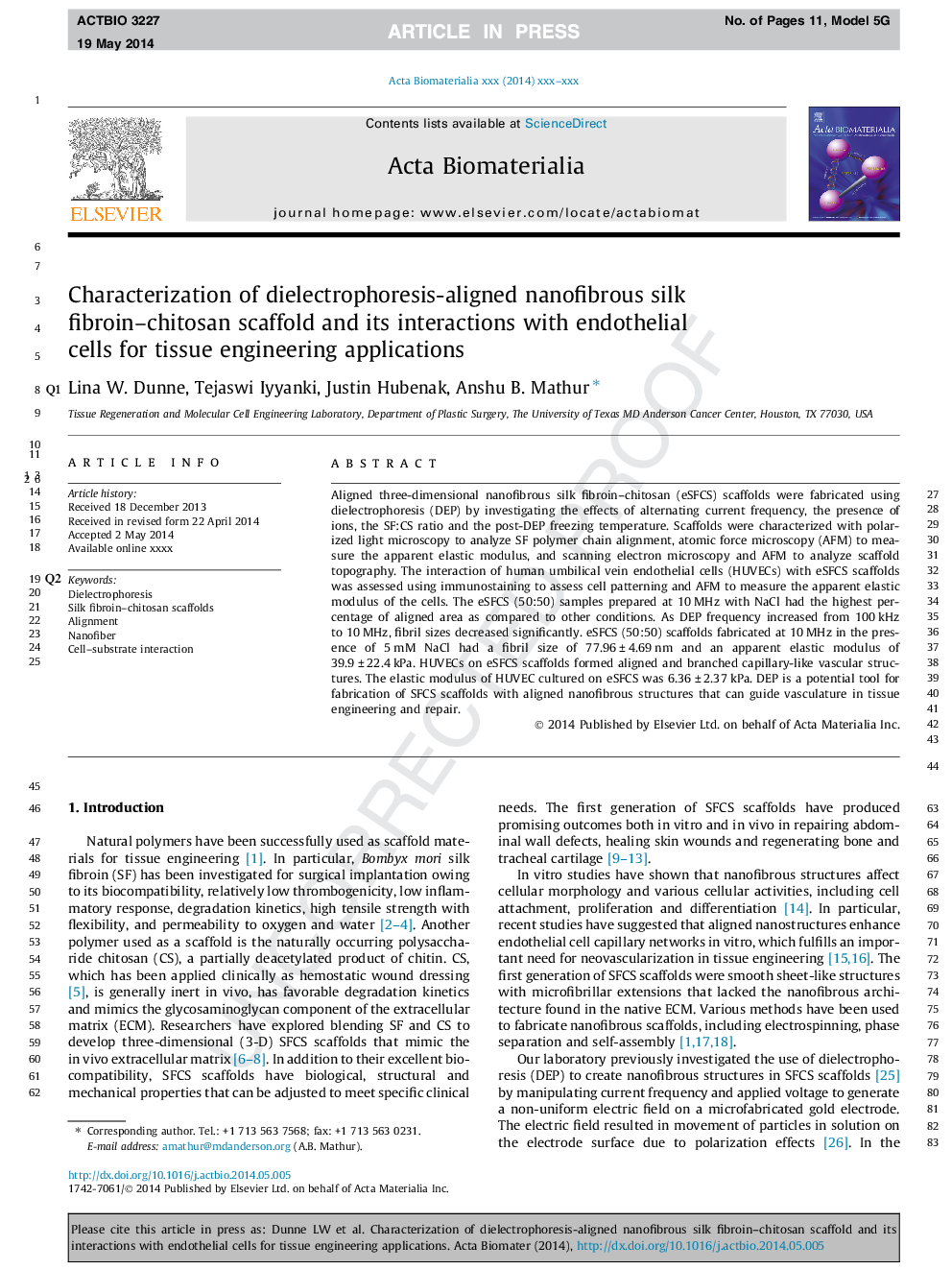 Characterization of dielectrophoresis-aligned nanofibrous silk fibroin-chitosan scaffold and its interactions with endothelial cells for tissue engineering applications