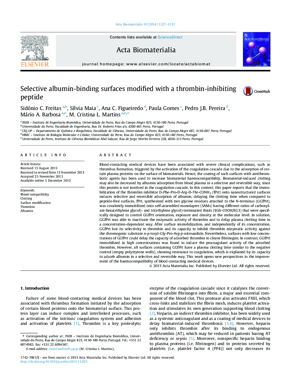 Selective albumin-binding surfaces modified with a thrombin-inhibiting peptide