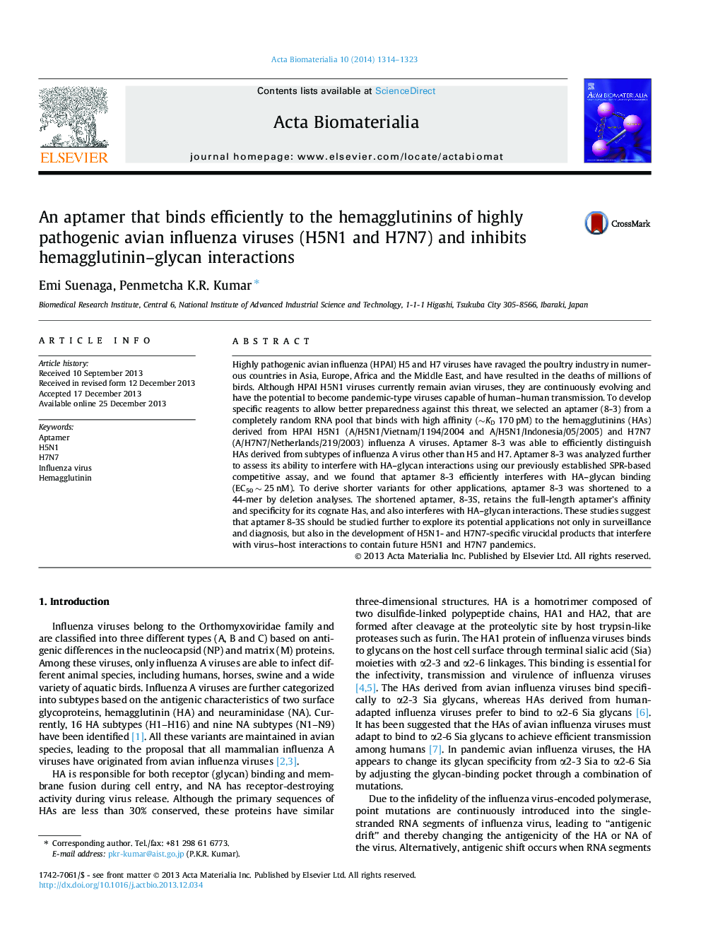 عکس صفحه اول مقاله: An aptamer that binds efficiently to the hemagglutinins of highly pathogenic avian influenza viruses (H5N1 and H7N7) and inhibits hemagglutinin-glycan interactions An aptamer that binds efficiently to the hemagglutinins of highly pathogenic avian influenza viruses (H5N1 and H7N7) and inhibits hemagglutinin-glycan interactions