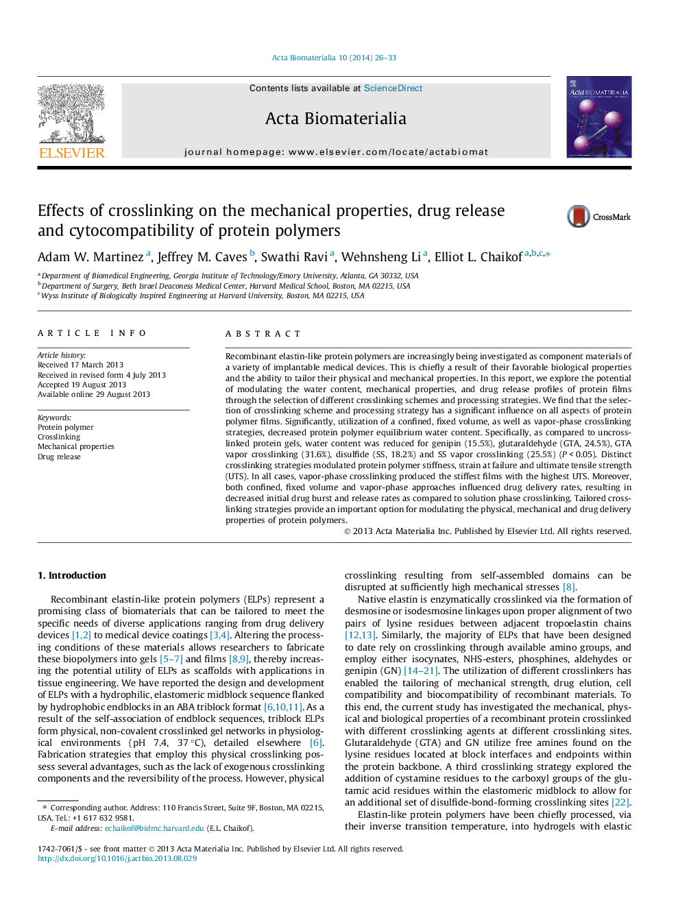 Effects of crosslinking on the mechanical properties, drug release and cytocompatibility of protein polymers