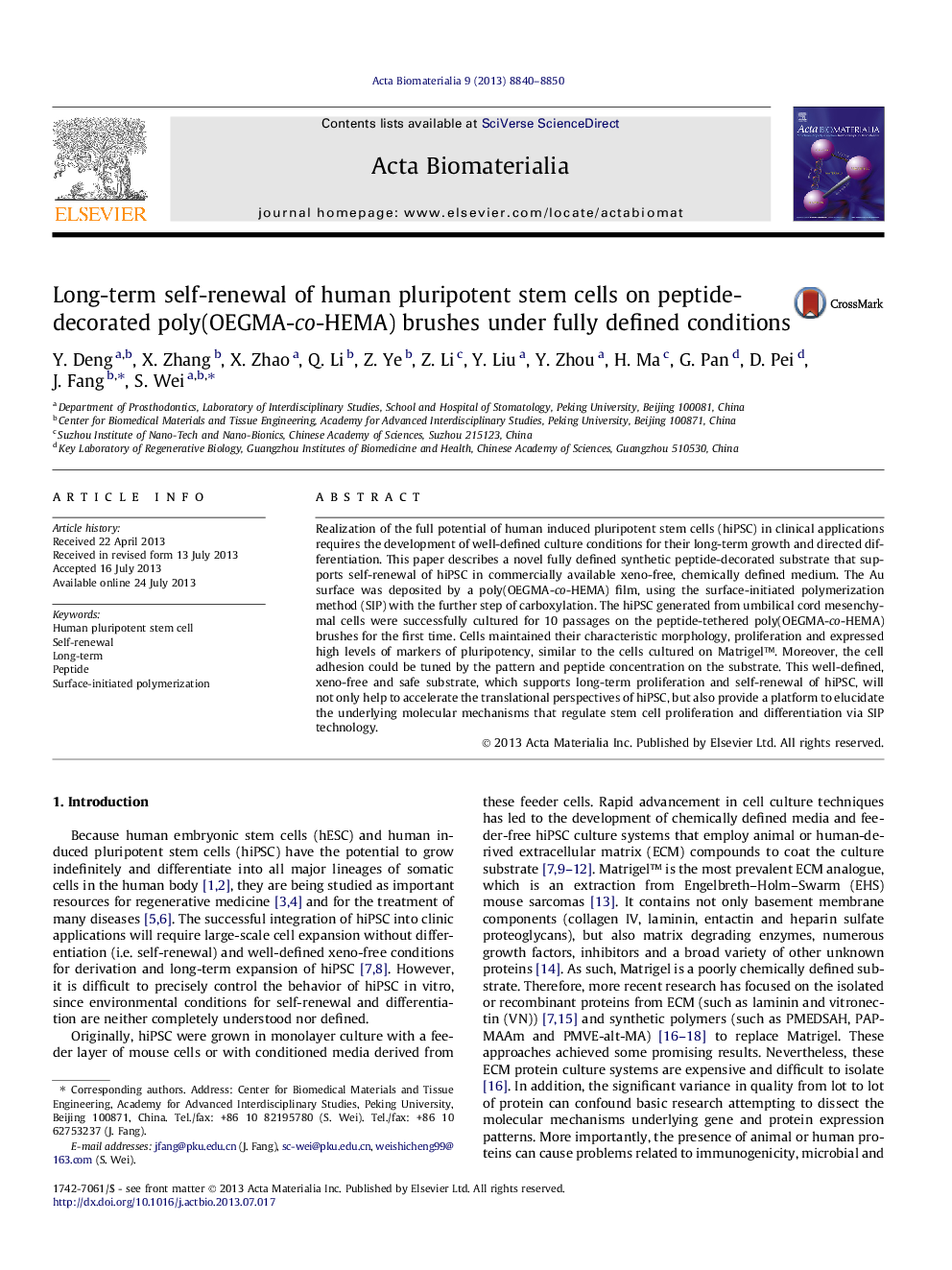 Long-term self-renewal of human pluripotent stem cells on peptide-decorated poly(OEGMA-co-HEMA) brushes under fully defined conditions