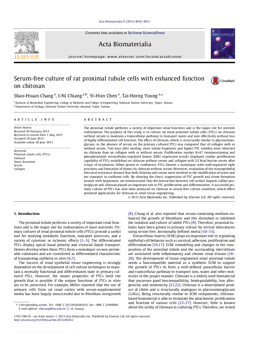 Serum-free culture of rat proximal tubule cells with enhanced function on chitosan