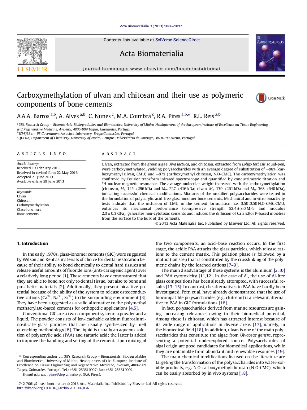 Carboxymethylation of ulvan and chitosan and their use as polymeric components of bone cements