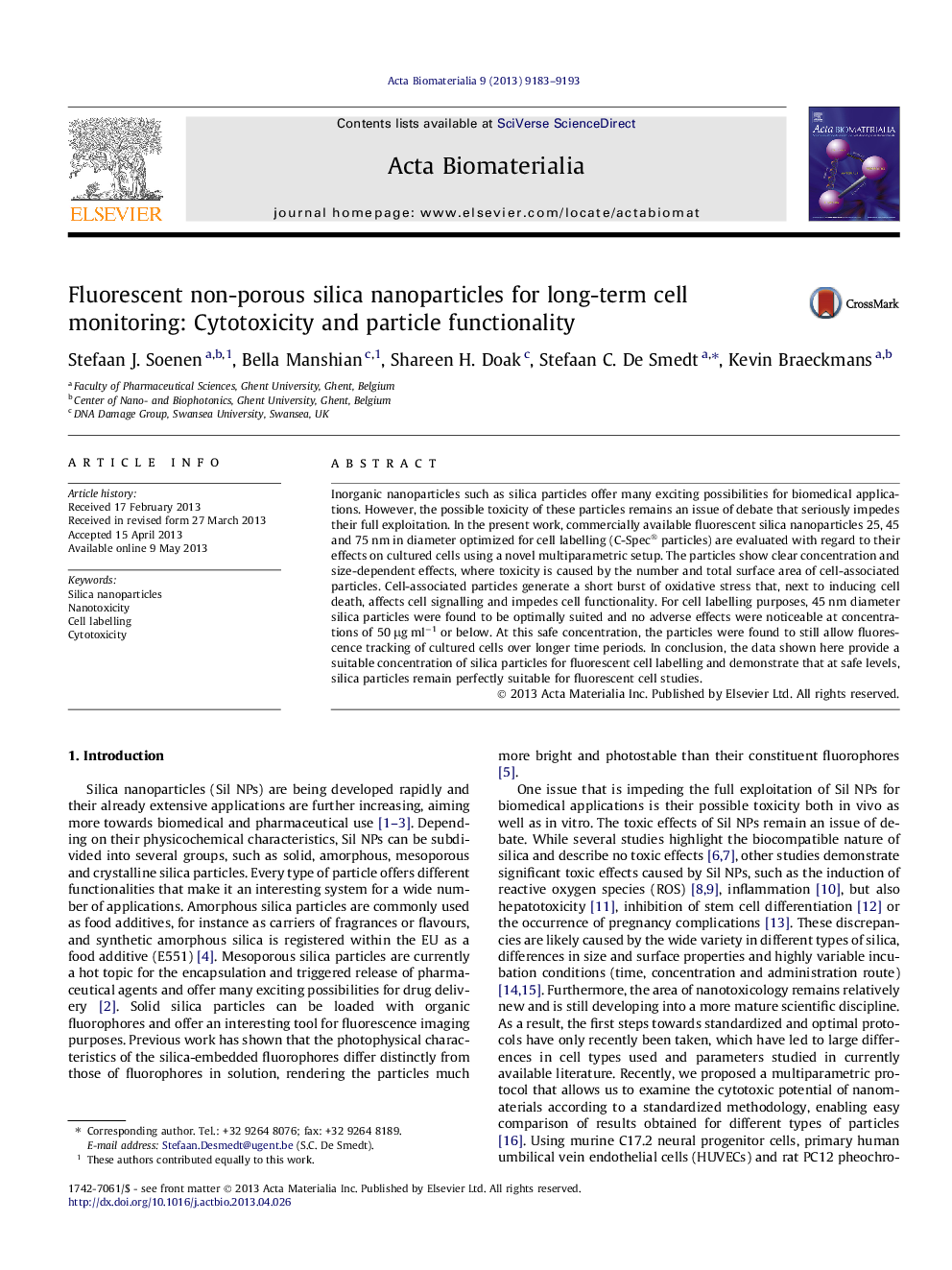 Fluorescent non-porous silica nanoparticles for long-term cell monitoring: Cytotoxicity and particle functionality