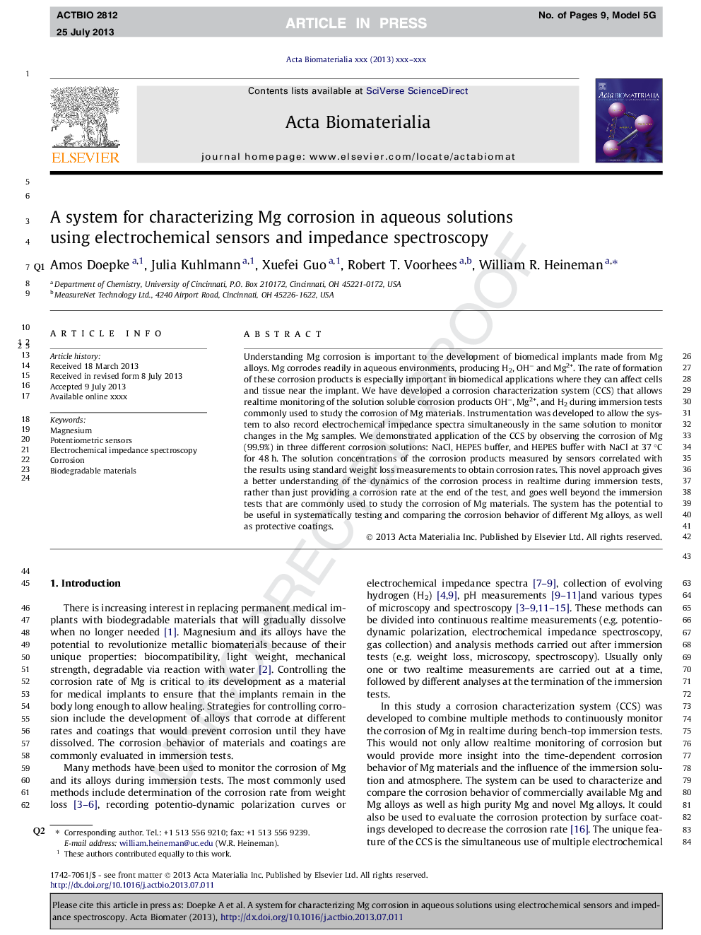 A system for characterizing Mg corrosion in aqueous solutions using electrochemical sensors and impedance spectroscopy