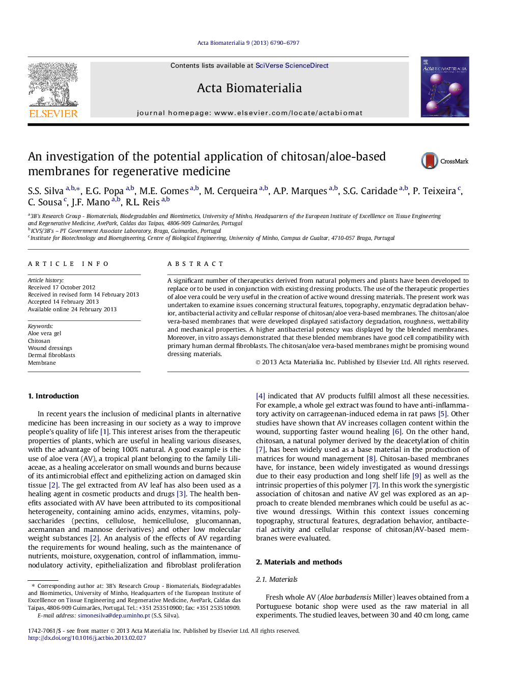 An investigation of the potential application of chitosan/aloe-based membranes for regenerative medicine