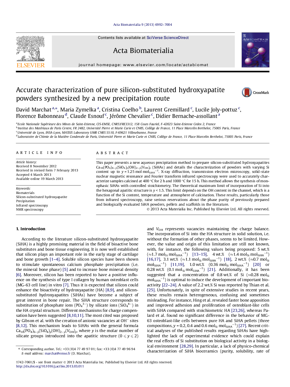 Accurate characterization of pure silicon-substituted hydroxyapatite powders synthesized by a new precipitation route