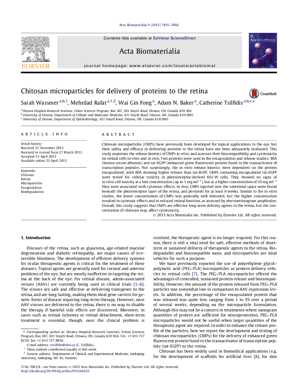 Chitosan microparticles for delivery of proteins to the retina