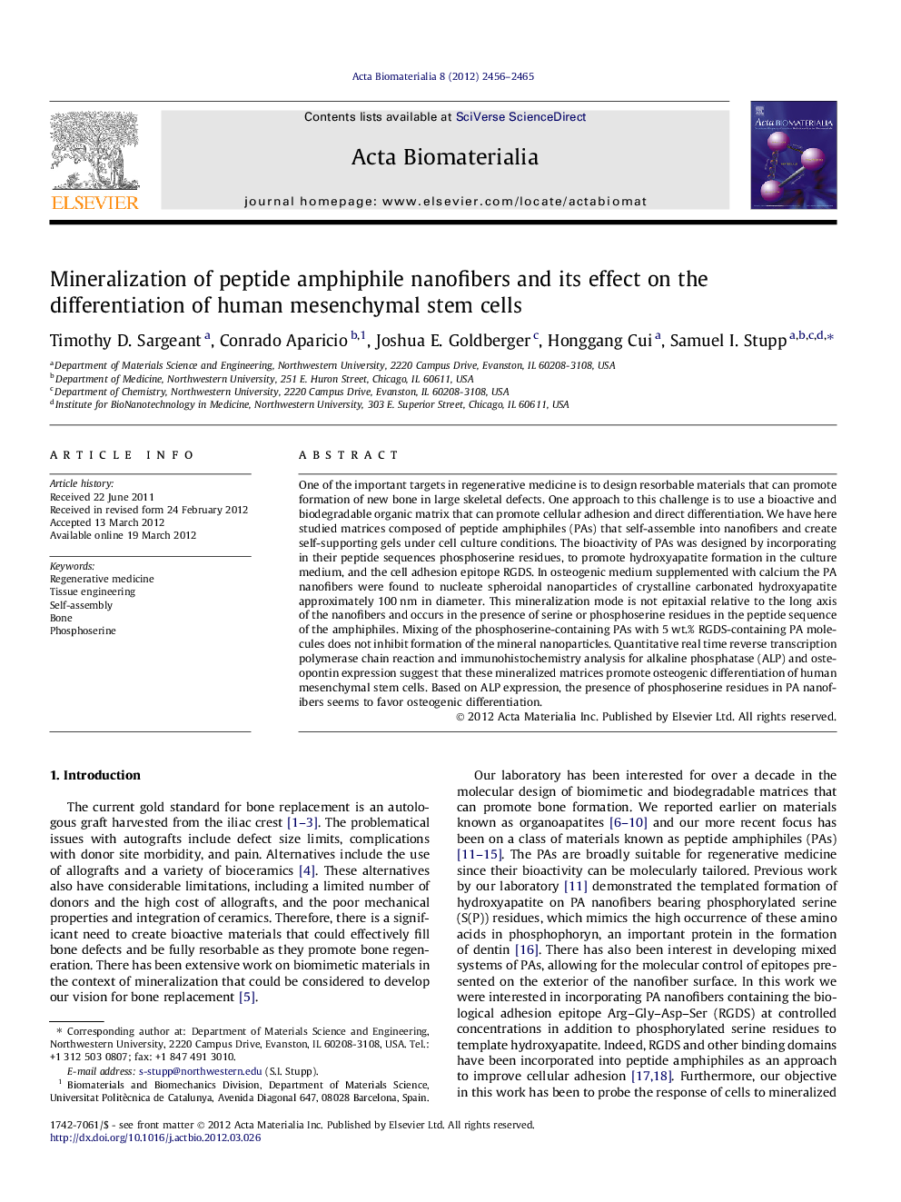 Mineralization of peptide amphiphile nanofibers and its effect on the differentiation of human mesenchymal stem cells