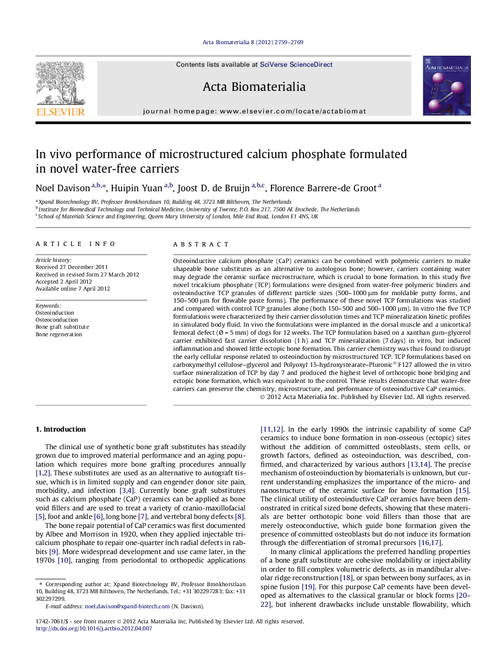 In vivo performance of microstructured calcium phosphate formulated in novel water-free carriers