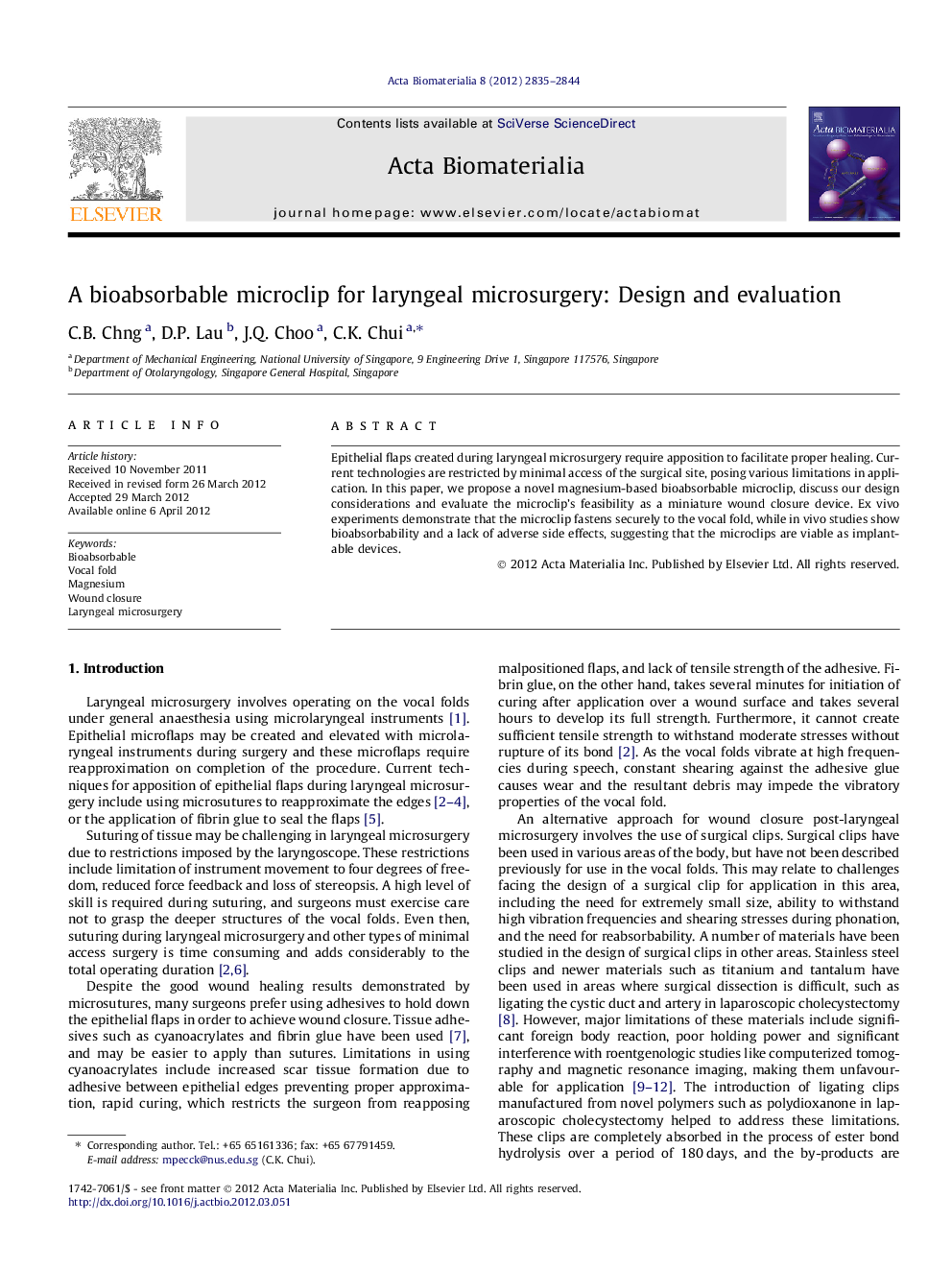 A bioabsorbable microclip for laryngeal microsurgery: Design and evaluation