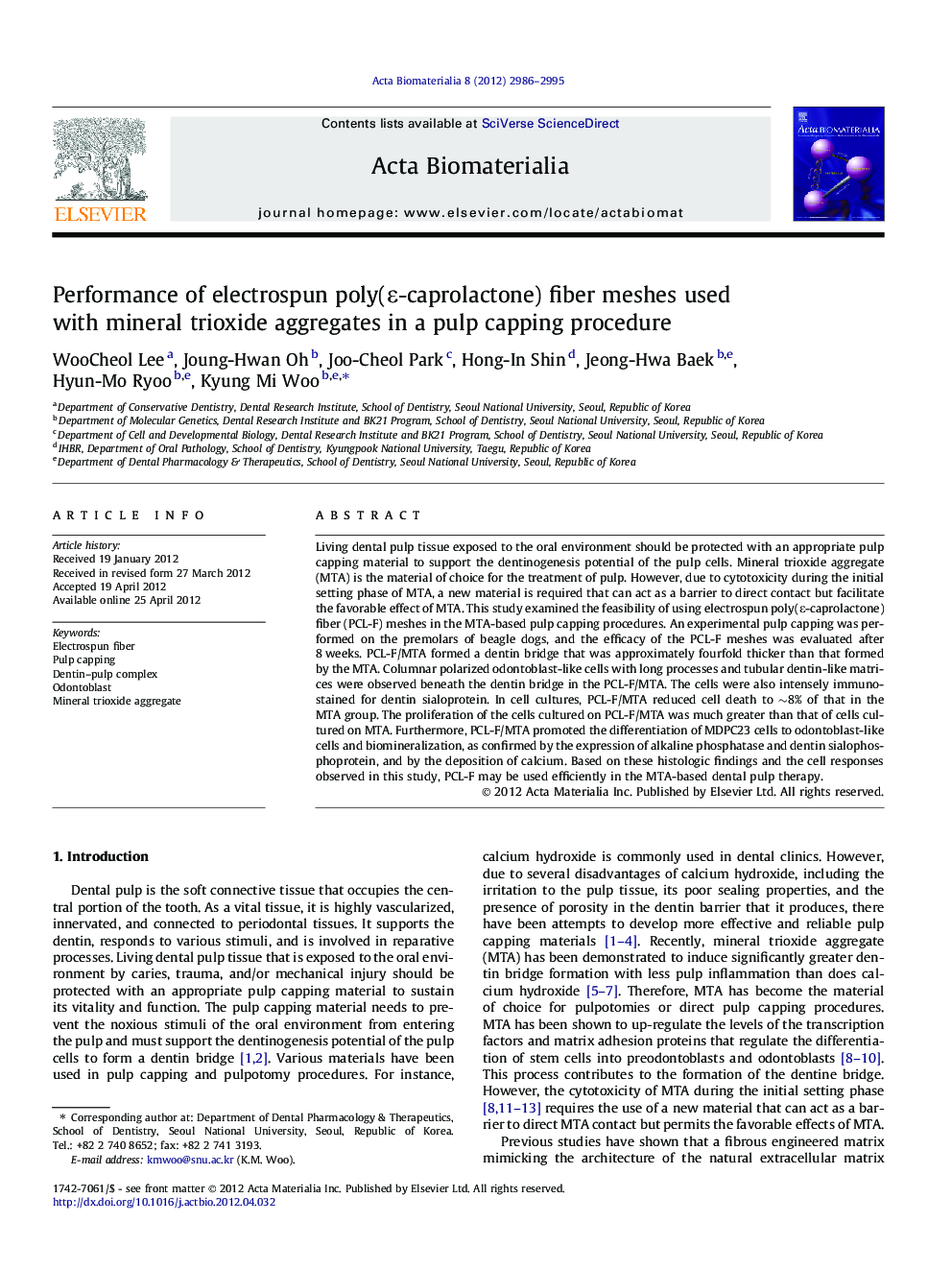 Performance of electrospun poly(Îµ-caprolactone) fiber meshes used with mineral trioxide aggregates in a pulp capping procedure