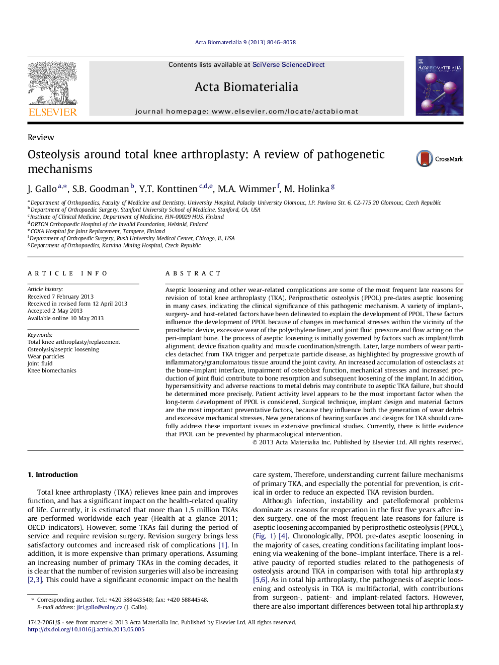 Osteolysis around total knee arthroplasty: A review of pathogenetic mechanisms