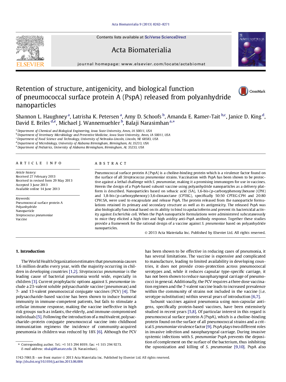 Retention of structure, antigenicity, and biological function of pneumococcal surface protein A (PspA) released from polyanhydride nanoparticles