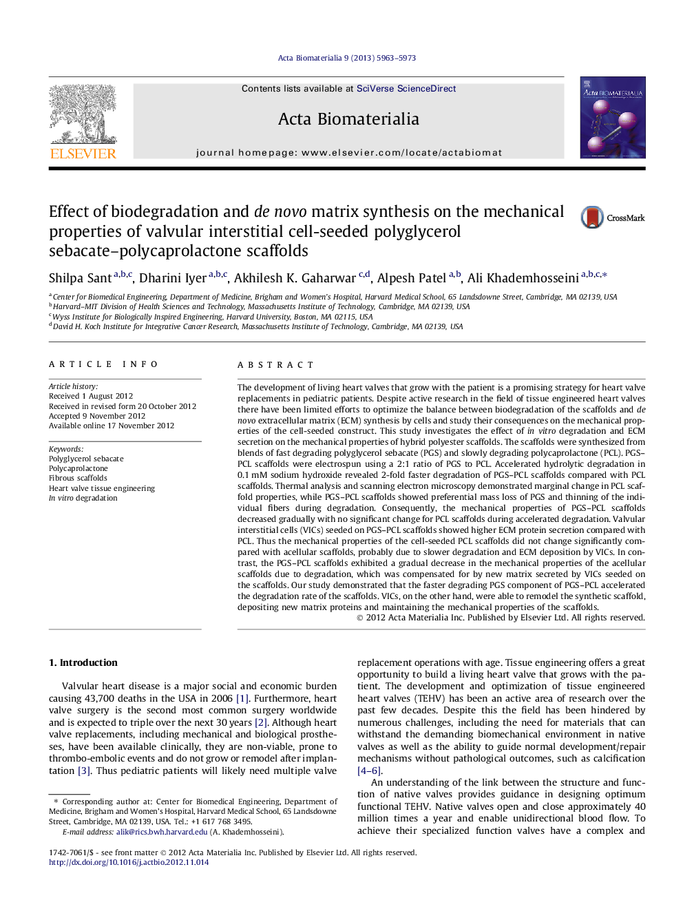 Effect of biodegradation and de novo matrix synthesis on the mechanical properties of valvular interstitial cell-seeded polyglycerol sebacate-polycaprolactone scaffolds