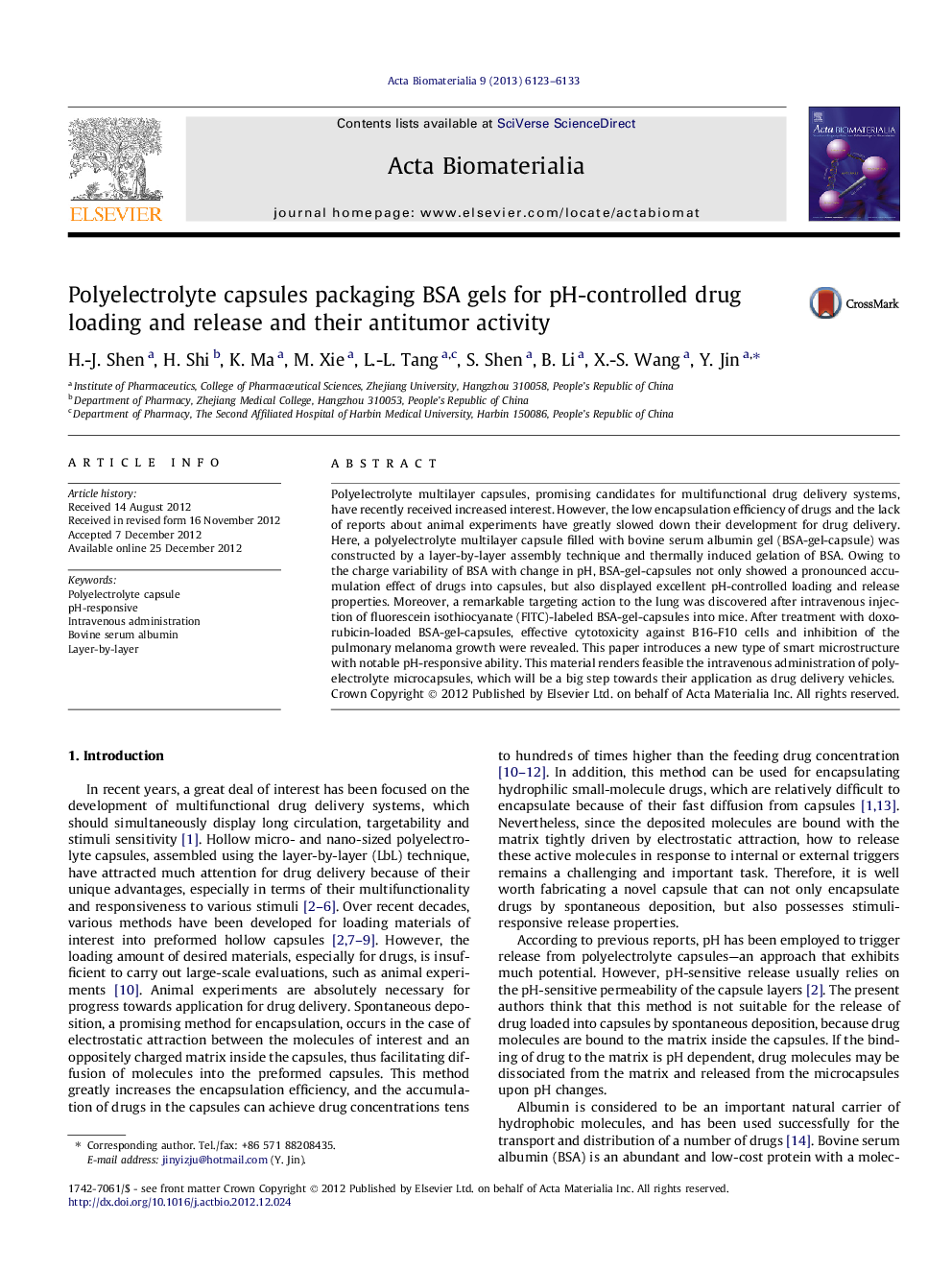 Polyelectrolyte capsules packaging BSA gels for pH-controlled drug loading and release and their antitumor activity