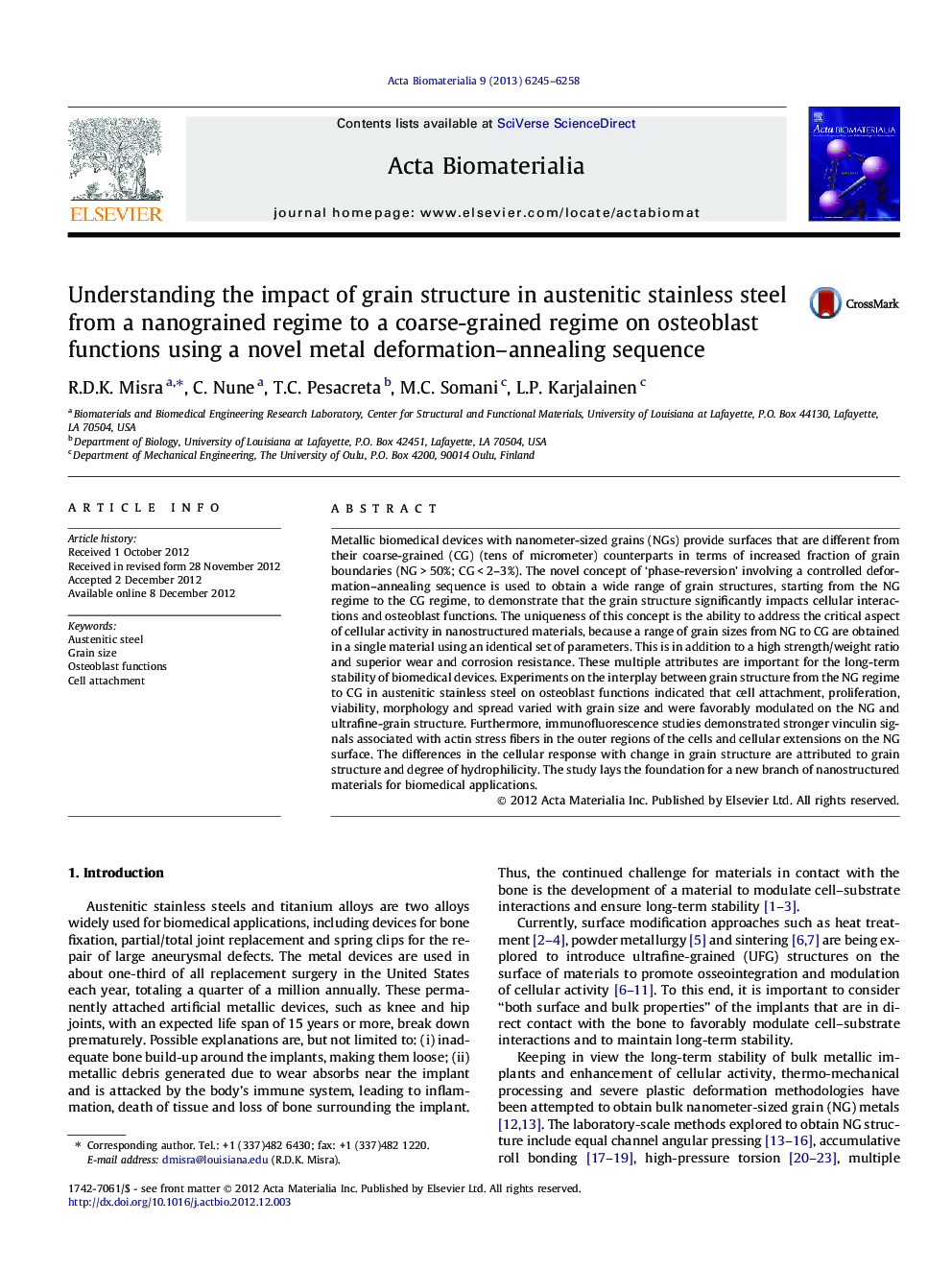 Understanding the impact of grain structure in austenitic stainless steel from a nanograined regime to a coarse-grained regime on osteoblast functions using a novel metal deformation-annealing sequence