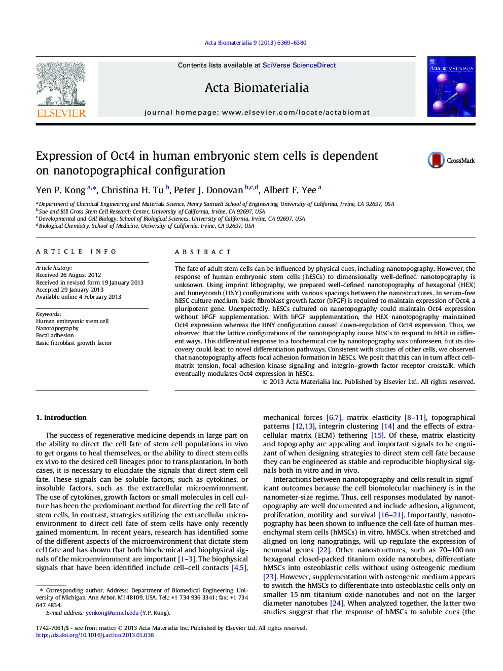 Expression of Oct4 in human embryonic stem cells is dependent on nanotopographical configuration