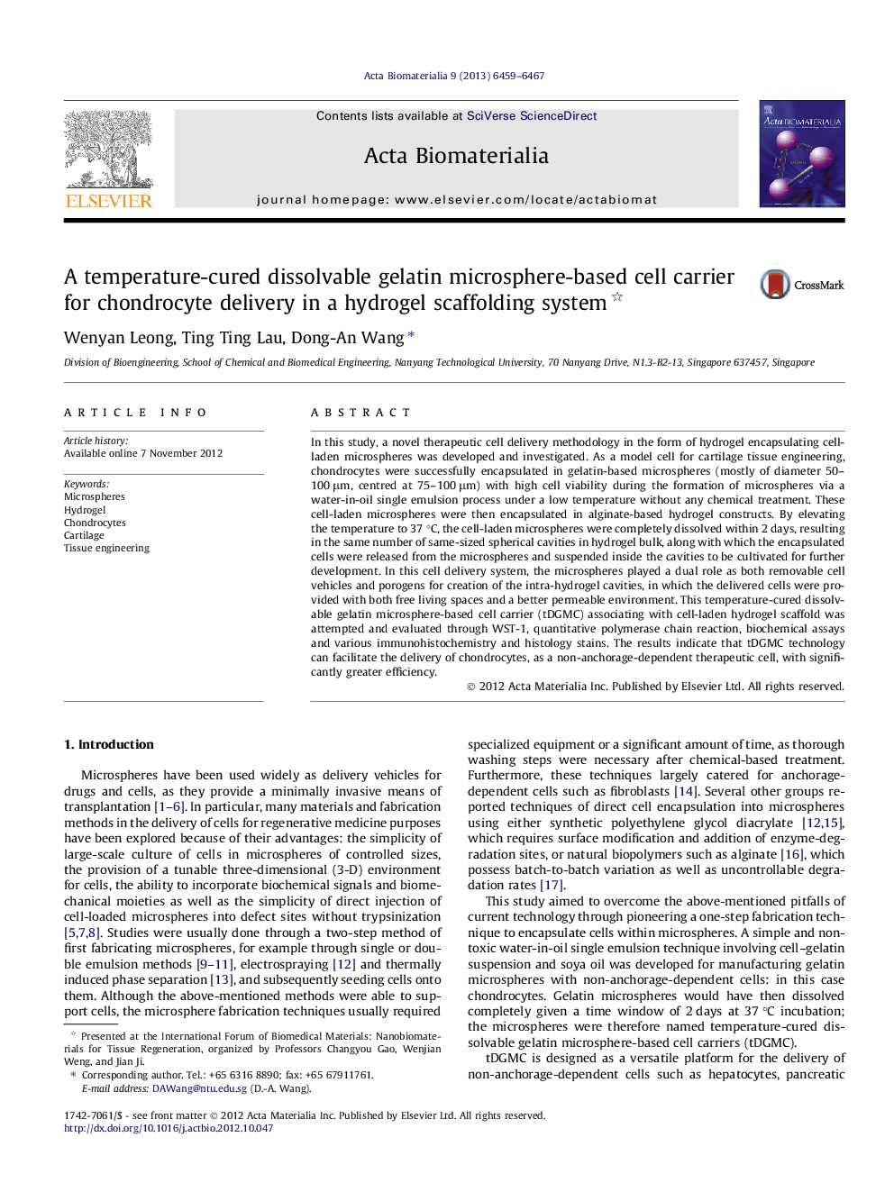 یک ماده سلولی مبتنی بر میکروسفور ژلاتین قابل جدا شدن با دمای تحتانی برای تحویل کاندروسیت در یک سیستم داربست هیدروژل 
