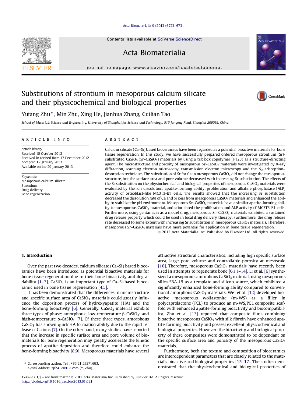 Substitutions of strontium in mesoporous calcium silicate and their physicochemical and biological properties