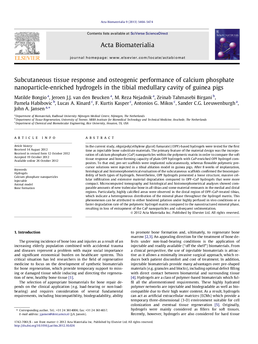 Subcutaneous tissue response and osteogenic performance of calcium phosphate nanoparticle-enriched hydrogels in the tibial medullary cavity of guinea pigs