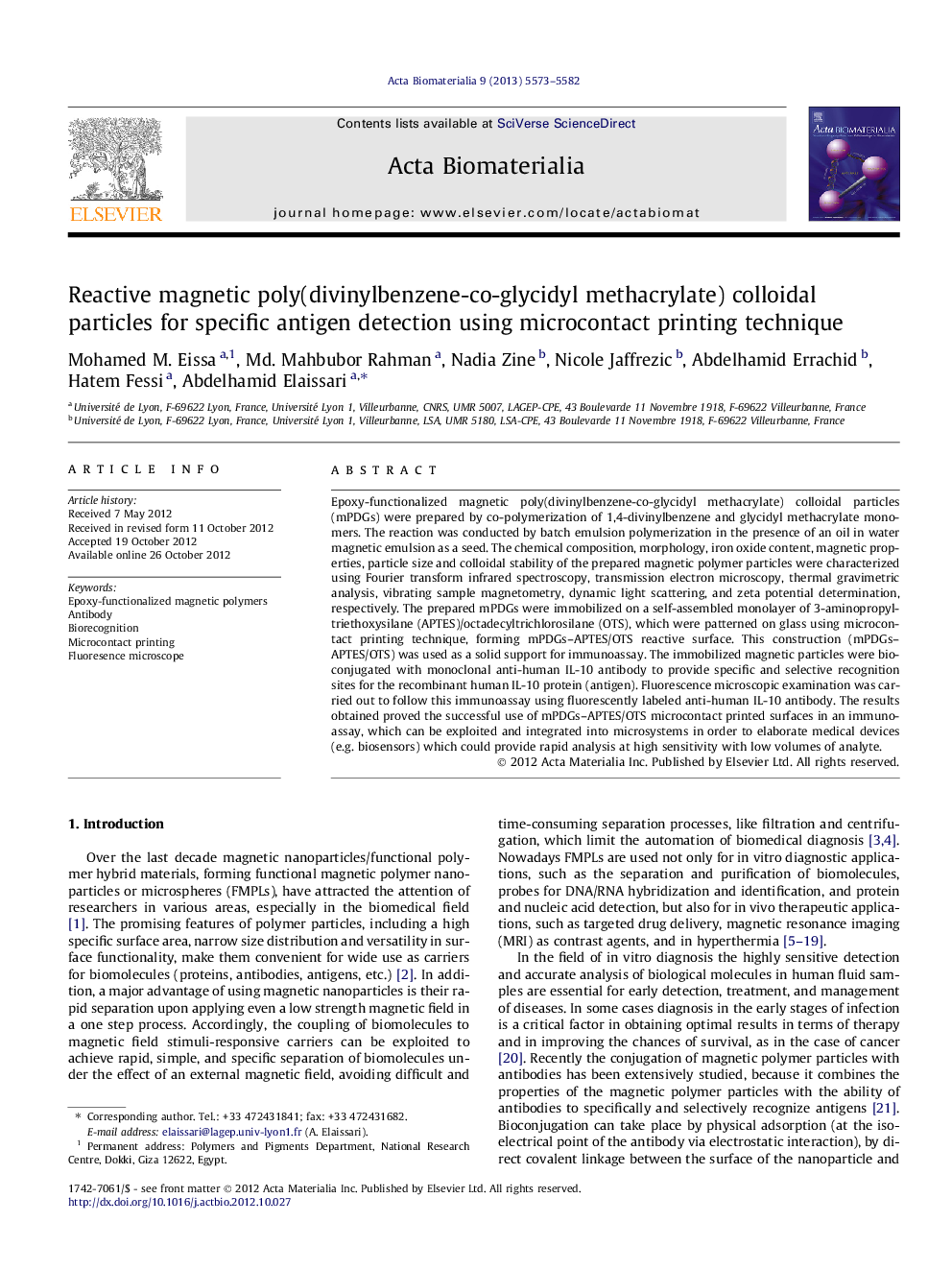 Reactive magnetic poly(divinylbenzene-co-glycidyl methacrylate) colloidal particles for specific antigen detection using microcontact printing technique