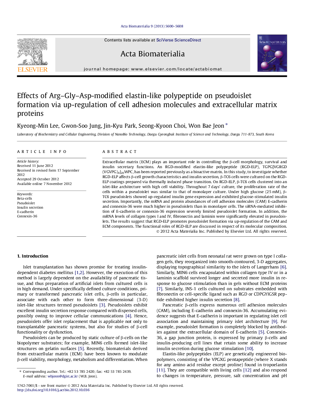 Effects of Arg-Gly-Asp-modified elastin-like polypeptide on pseudoislet formation via up-regulation of cell adhesion molecules and extracellular matrix proteins