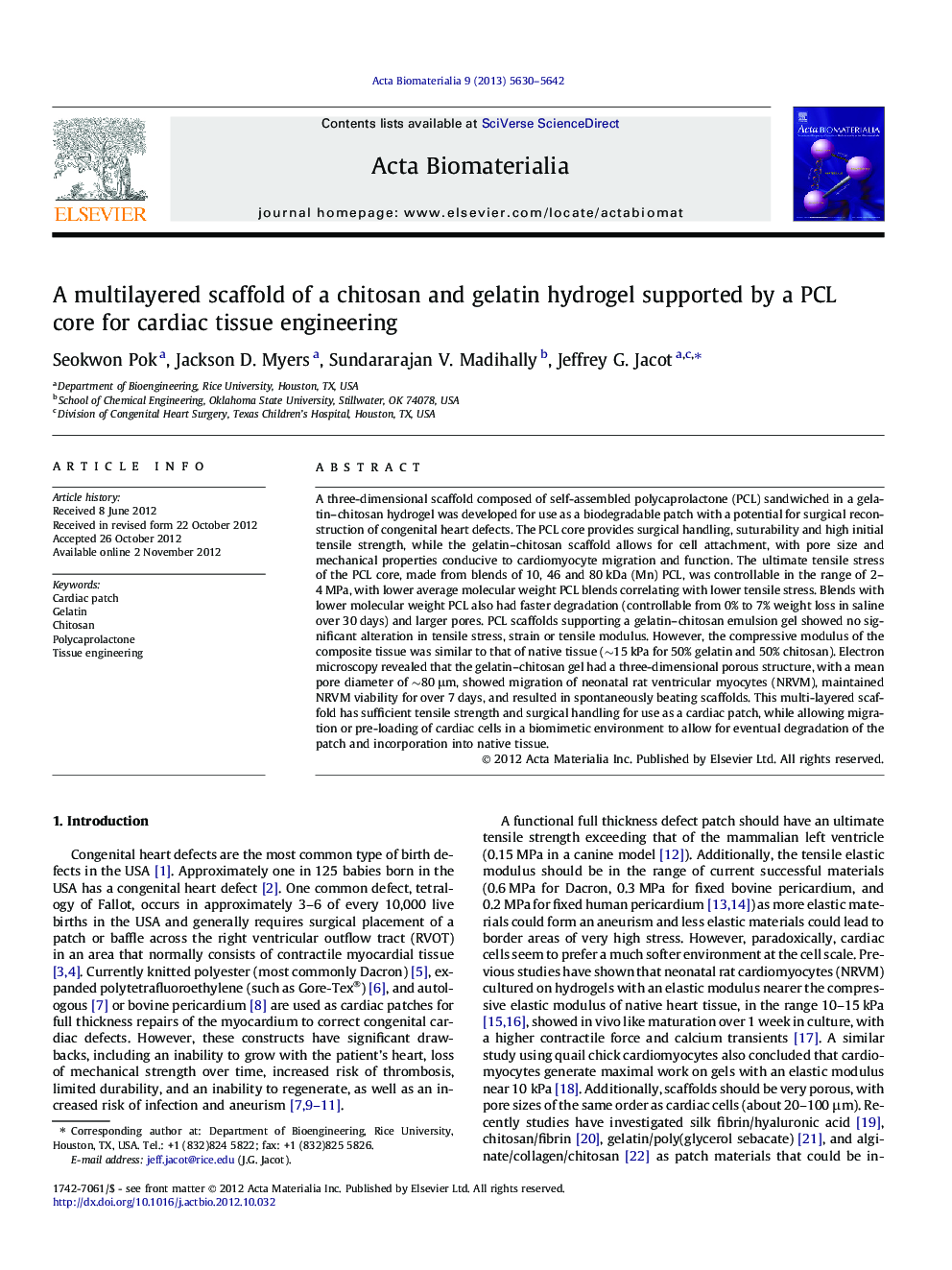 A multilayered scaffold of a chitosan and gelatin hydrogel supported by a PCL core for cardiac tissue engineering