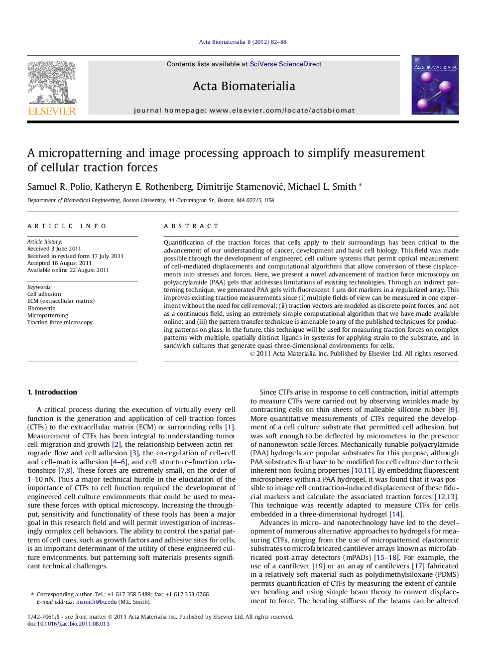 A micropatterning and image processing approach to simplify measurement of cellular traction forces