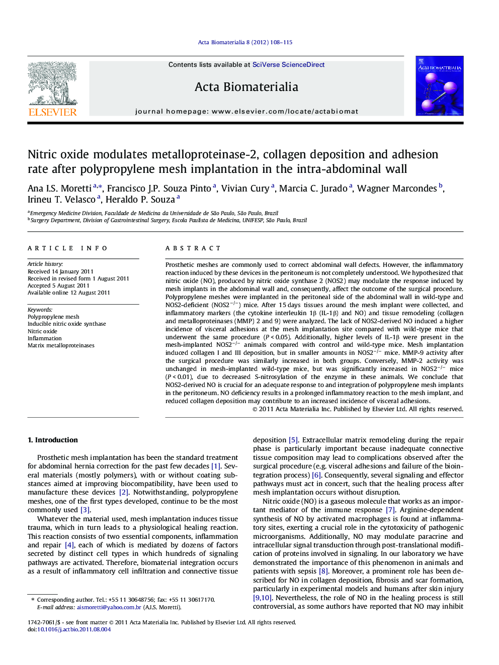 Nitric oxide modulates metalloproteinase-2, collagen deposition and adhesion rate after polypropylene mesh implantation in the intra-abdominal wall
